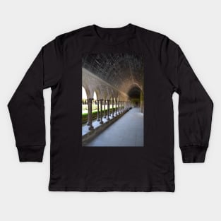 A long hallway open to the garden at Mont Saint-Michel - the castle inspiration for Tangled Kids Long Sleeve T-Shirt